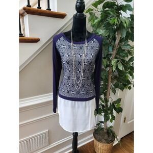 Leshop Women Blue & White Rayon Round Neck Long Sleeve Pullover Blouse Size S